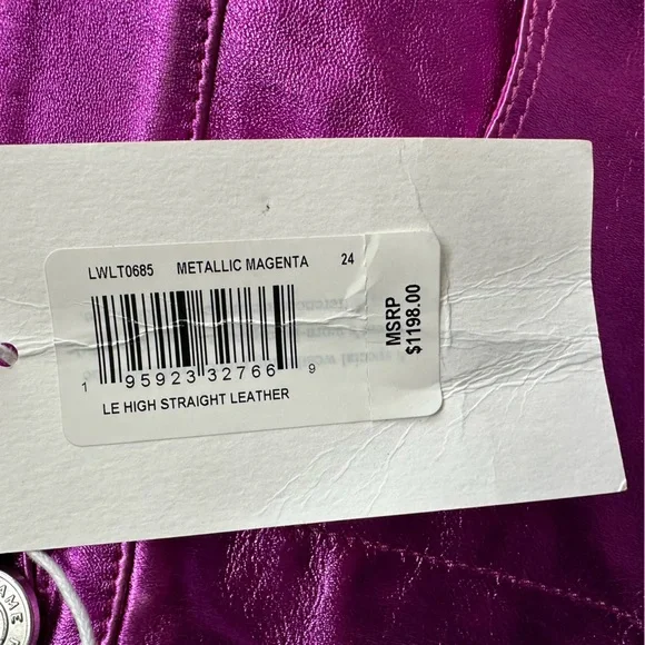 Frame Denim Metallic Pink Magenta Purple Straight Leg Leather Pants 24 XS - Picture 5 of 11